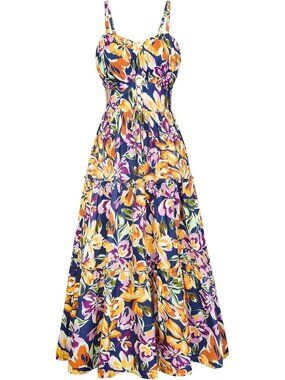 Women's Blue Purple Boho Floral Maxi Sundress Summer Beach Flowy Dress
